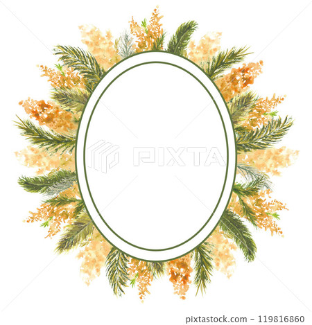 Geometric oval frame with Mimosa branches on the outer edge on a white isolated background. Watercolor illustration. Geometric oval frame with Mimosa branches on the outer edge on a white isolated background. Watercolor illustration. 119816860