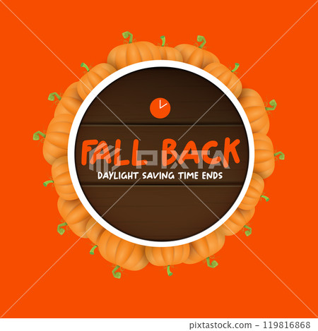 Fall Back 2024. Autumn Daylight saving time ends banner with pumpkins isolated on orange background. Fall Back 2024. Autumn Daylight saving time ends banner with pumpkins isolated on orange background. 119816868