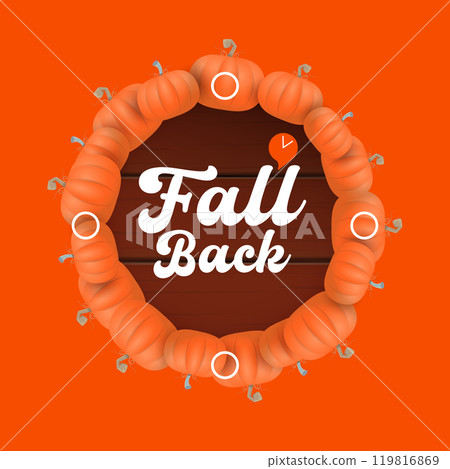Fall Back 2024. Autumn Daylight saving time ends banner with pumpkins isolated on orange background. Fall Back 2024. Autumn Daylight saving time ends banner with pumpkins isolated on orange background. 119816869
