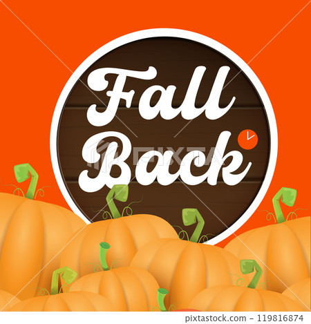 Fall Back 2024. Autumn Daylight saving time ends banner with pumpkins isolated on orange background. 119816874