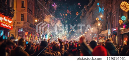 NYE fireworks and street crowds NYE fireworks and street crowds 119816961