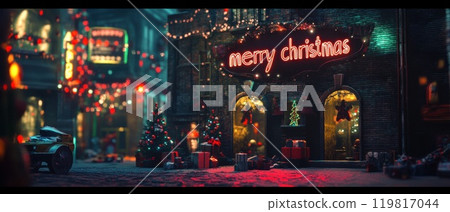 Festive holiday decorations on a street at night 119817044