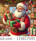 Santa Claus happily choosing a present 119817095