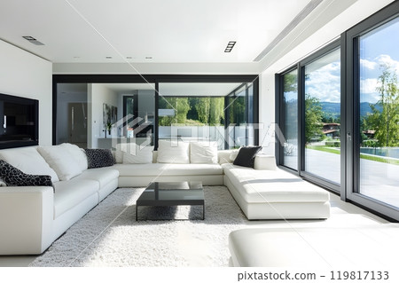 Modern stylish living room and large windows.. Generative AI. Modern stylish living room and large windows.. Generative AI. 119817133