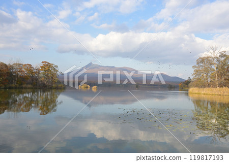 北海道駒岳倒映在大沼湖的水面上 119817193
