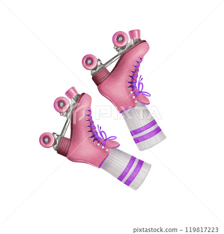 A pair of retro style roller skates in pink acid color with purple shoe laces with white sock and purple stripes as a symbol of 80s 90s,nostalgia and youth.Watercolor illustration isolated on white 119817223