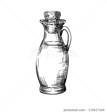 Glass bottle, carafe corked and filled with olive oil, liquid or water. Drink jar with cork or food sauce with stopper. Vector sketch. Hand painted by black ink illustration isolated from background 119817284