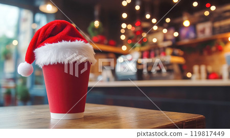 Red mockup of paper cup with Santa hat on a cafe table with blurred background 119817449