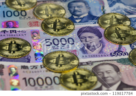 Japanese Yen New Notes and Bitcoin Symbolic Coins 119817784