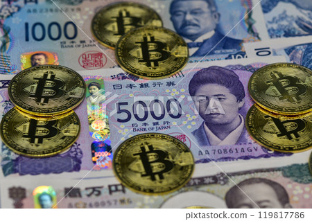 Japanese Yen New Notes and Bitcoin Symbolic Coins 119817786