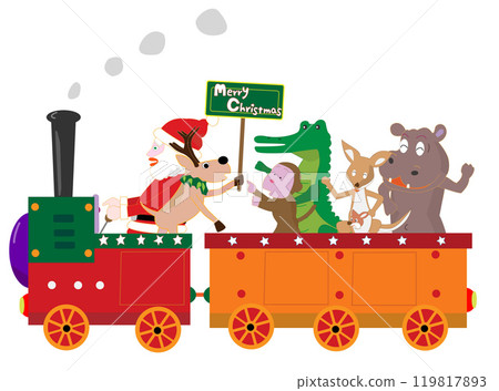 Santa Claus and his reindeer deliver gifts on a steam locomotive on Christmas Day. 119817893