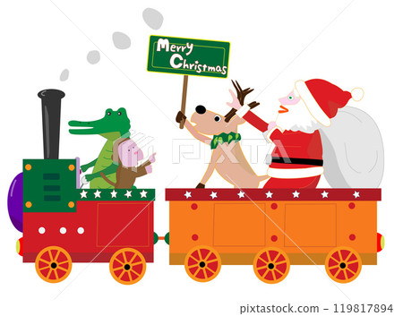 Santa Claus and his reindeer deliver gifts on a steam locomotive on Christmas Day. 119817894