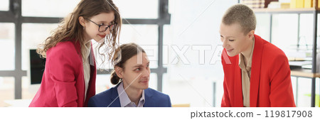 Positive colleagues discuss ideas of business in office 119817908