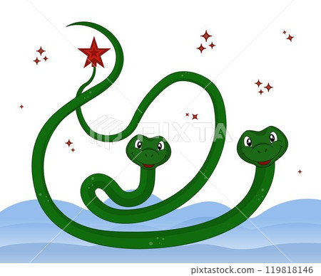 Two green snakes in the snow. Top red star on the snake tail. Vector illustration symbol 2025 New Year. 119818146