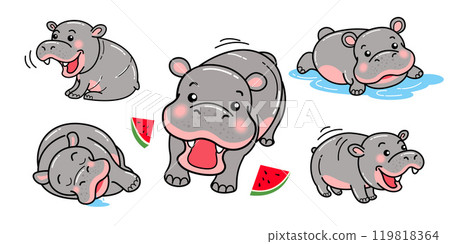 Hippo cartoon, hippopotamus, characters,  cartoon illustration, lineart 119818364
