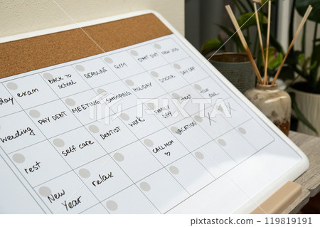 Monthly PLANNER filled with appointments and plans for next month. Busy month schedule Magnetic board with the days of the month. Place to enter important matters schedule. Concept for business 119819191
