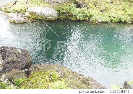 從郡上八幡新橋山麓看到的吉田川清澈的溪流 119819241