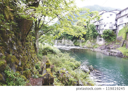 郡上八幡吉田河和從河邊散步道看到的綠意盎然的旅館 119819245