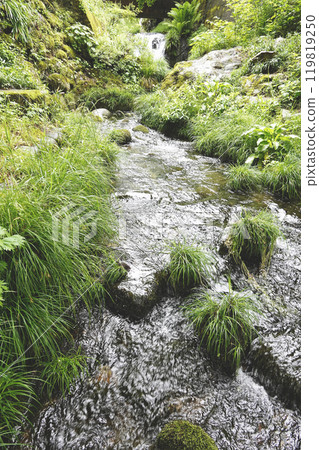A small stream flowing into a river A small stream flowing into a river 119819250
