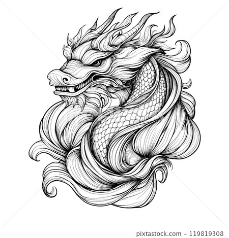 Discover a stunning tattoo sketch of a dragon, perfect for coloring, scrapbooking, or as a unique design element for various crafts. 119819308