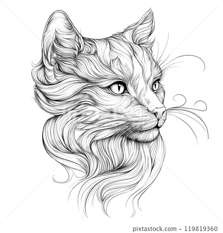 A beautifully detailed tattoo sketch of an elegant cat, perfect for scrapbooking or coloring activities, showcasing artistic flair. 119819360