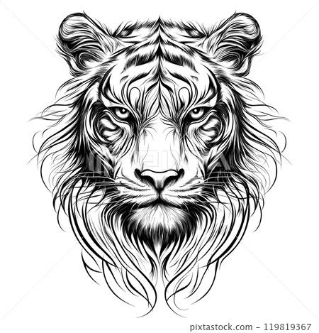 A stunning depiction of a lion\'s face, showcasing powerful features and intricate fur patterns in a striking monochromatic design. 119819367