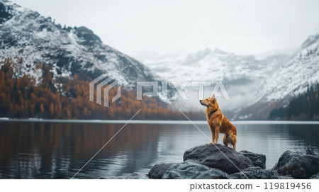 Large dog gazing into the distance in nature 119819456