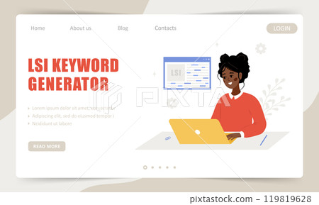 Lsi keyword generator. Landing page template. Key phrases generation service. Vector illustrations in cartoon style. Word search optimization 119819628