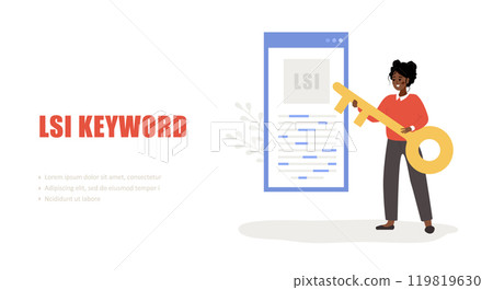 Lsi keyword. Latent Semantic Indexing. SEO concept. Vector illustration in flat cartoon style. African female character with key is engaged in Web analysis and word search optimization Lsi keyword. Latent Semantic Indexing. SEO concept. Vector illustration in flat cartoon style. African female character with key is engaged in Web analysis and word search optimization 119819630