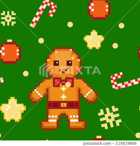 seamless pattern   pixel art  gingerbread man ,green background 119819666