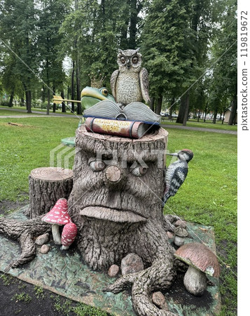 Whimsical Forest Sculpture with Owl, Frog, and Tree Stump 119819672
