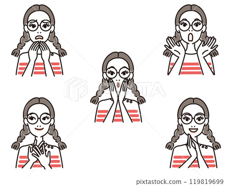 Set of facial expressions of young women wearing glasses Set of facial expressions of young women wearing glasses 119819699