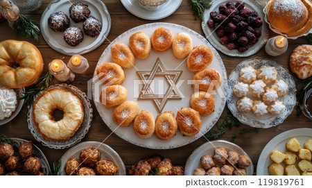 Hanukkah treats on wooden table, with a Star of David centerpiece, sufganiyot donuts, challah bread 119819761