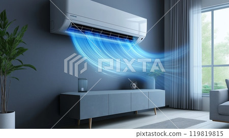 A room with the air conditioner encompasses blue waves of clean air A room with the air conditioner encompasses blue waves of clean air 119819815