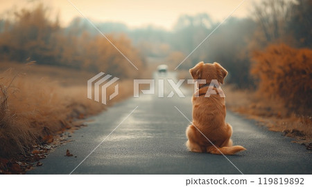 Leaved dog sitting on the road watching a car drive away. Pet responsibility concept 119819892
