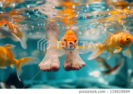 Female feet and goldfish in the water at spa salon. Selective focus. 119819894