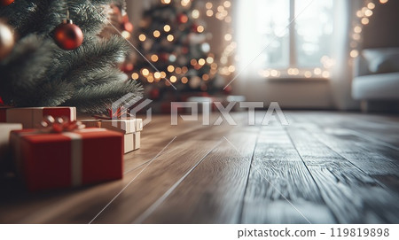 A warm and cozy Christmas setting with gifts placed beneath the tree, background with copy space 119819898