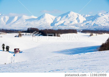 積雪覆蓋的農田和山脈、十勝嶽山脈 119819999