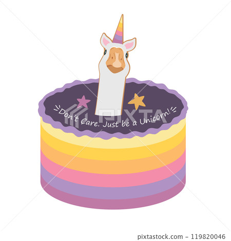 Rainbow cake with unicorn geese and text Do not care. Just be a unicorn. Funny Birthday cake design for teens and adults. Vector isolated illustration 119820046