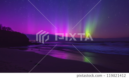 Stunning Aurora Borealis Displays with Vibrant Pink, Purple, and Green Hues Over Diverse Landscapes_6 119821412