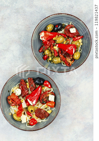 Vegan Salad of Pickled Vegetables and Soybeans. 119821437