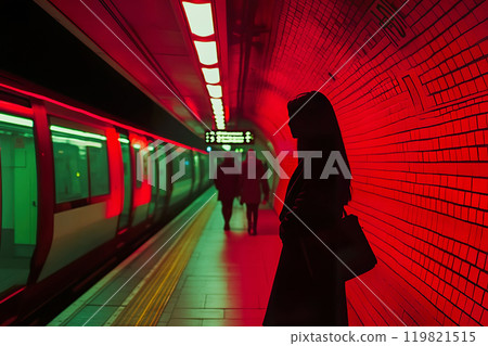 Silhouette of Woman in Vibrant Red Subway Station with Moving Train. Silhouette of Woman in Vibrant Red Subway Station with Moving Train. 119821515