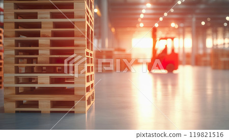 Warehouse rack of wooden pallets and a forklift loading pallets. 119821516