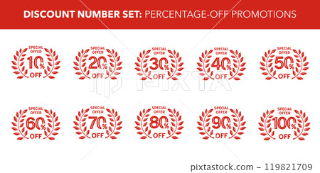 Shopping Sale Numbers Collection, 10,20,30,40,50,60,70,80,90,100 Off Special offer, Vector Symbols on White Background Shopping Sale Numbers Collection, 10,20,30,40,50,60,70,80,90,100 Off Special offer, Vector Symbols on White Background 119821709