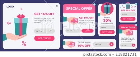 UI Kit for Pop-up Windows Offering Discounts and Email Signup, in Flat Style for UX, UI Design with Gift and Discount Card Iconsin a vector 119821731