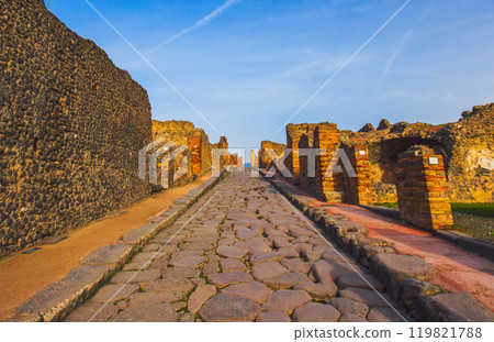 Ancient ruins of Pompei city, Naples, Italy. View of ancient city of Pompeii, Pompei is ancient Roman city destroyed from eruption of Mount Vesuvius in 1st century, Naples, Italy 119821788