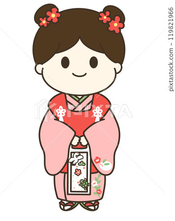 A cute and relaxed illustration of a girl wearing a kimono and holding a chitose ame candy for Shichigosan 119821966