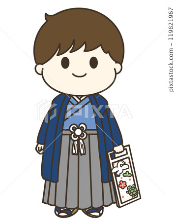 A cute illustration of a boy wearing a kimono and holding a chitose ame candy for Shichigosan 119821967