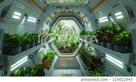 Modern hydroponic garden inside a space station. Rows of vibrant plants grow in containers Modern hydroponic garden inside a space station. Rows of vibrant plants grow in containers 119822043