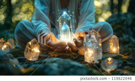 Person holding a large illuminated healing crystal surrounded by smaller glowing crystals in forest 119822046